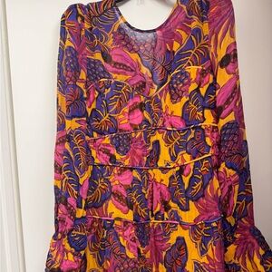 FARM Rio Long Sleeve Tropical Print Mini Dress (Size XL)